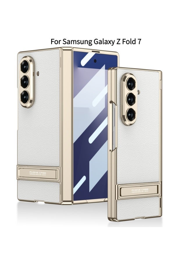 غلاف Samsung Galaxy Z Fold 7 [بحامل مدمج وحماية المفصلة وواقي شاشة زجاجي مقوى] - غلاف وقائي كامل للهاتف، أنيق ومصنوع من الجلود الرفيعة، باللون الأبيض - Image 1